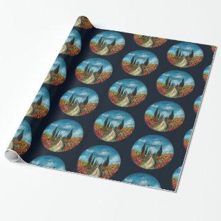 CYPRESS TREES AND POPPIES  IN TUSCANY ROUND Blue