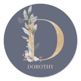 D Monogram Floral Personalized Classic Round Stick Classic Round Sticker