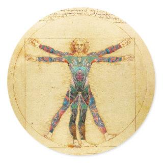 Da Vinci's Vitruvian man with tattoos Classic Round Sticker