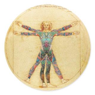 Da Vinci's Vitruvian man with tattoos Classic Round Sticker