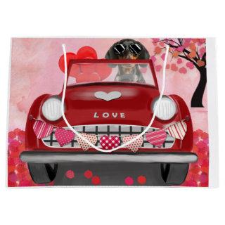 Dachshund Dog Driving Car with Hearts Valentine's Large Gift Bag