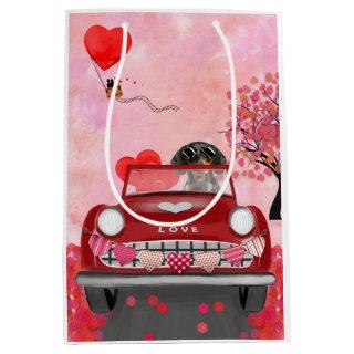 Dachshund Dog Driving Car with Hearts Valentine's  Medium Gift Bag