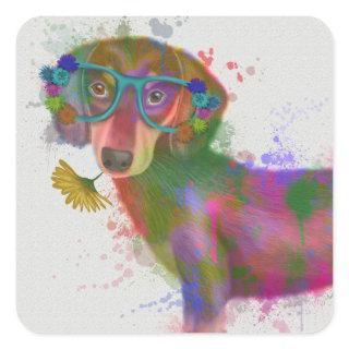 Dachshund & Glasses Rainbow Splash Square Sticker