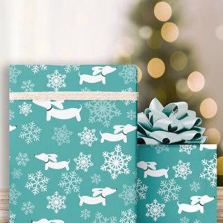 Dachshund Snowflakes Teal Christmas Gift Wrap