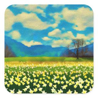 Daffodil field - painting square sticker