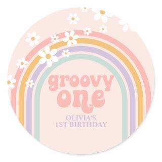 Daisy Groovy One Pastel rainbow first birthday Classic Round Sticker