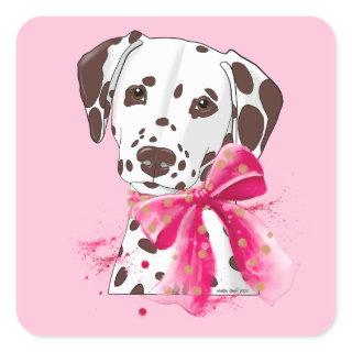 Dalmatian and spotted bow square sticker
