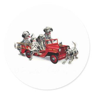 Dalmatian Pups with Fire Truck Classic Round Sticker