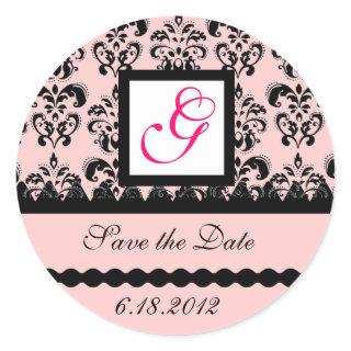 DAMASK MONOGRAM,pink fuchsia Classic Round Sticker