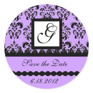 DAMASK MONOGRAM, violet Classic Round Sticker