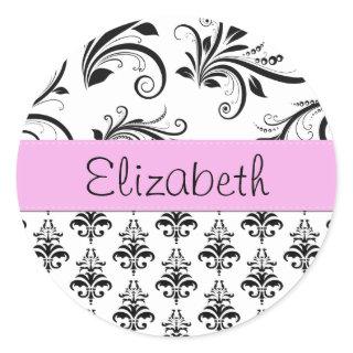 Damask Pattern, Black and White Damask, Your Name Classic Round Sticker