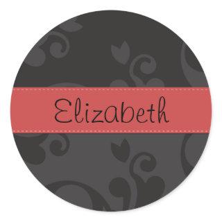 Damask Pattern, Gray Damask, Your Name Classic Round Sticker