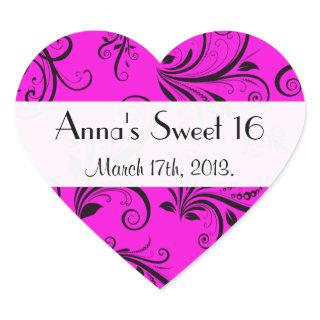Damask Pattern, Pink Damask, Sweet 16, Birthday Heart Sticker