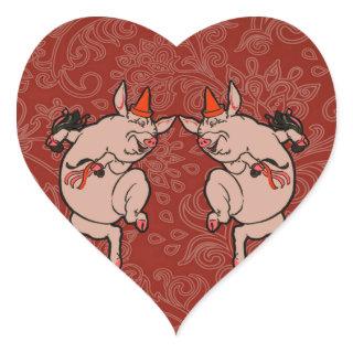 Dancing Pig Antique Cute Dancer Heart Sticker