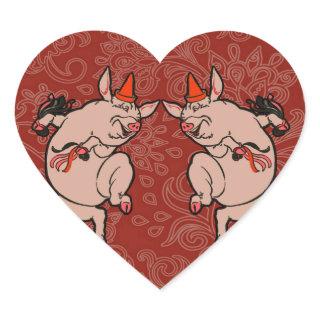 Dancing Pig Antique Cute Dancer Heart Sticker