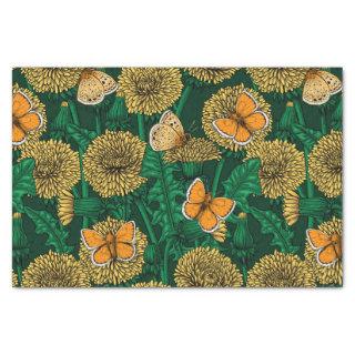 Dandelion meadow on dark green tissue paper