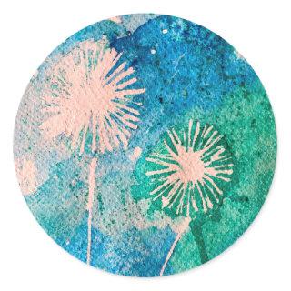 Dandelion watercolor abstract blue and green classic round sticker