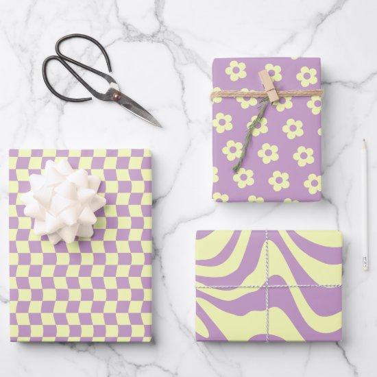 Danish Pastel Yellow Purple Wavy Checkered Flower  Sheets