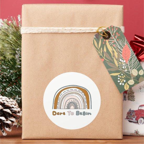 Dare to begin motivational colorful boho rainbow classic round sticker