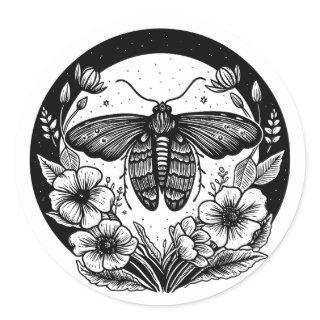 Dark academia moth and flowers classic round sticker