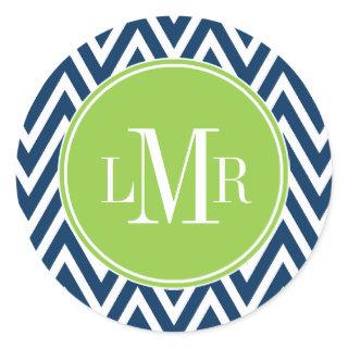 Dark Blue and Green Chevrons Monogram Classic Round Sticker