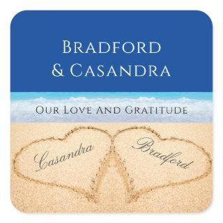 Dark Blue Beach Wedding 2 Hearts in the Sand Square Sticker