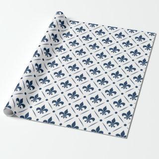 Dark blue Fleur De Lis pattern on white background