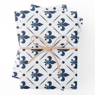 Dark blue Fleur De Lis pattern on white background  Sheets