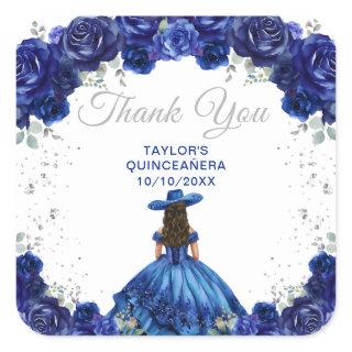 Dark Blue Princess Charro Quinceañera Thank You Square Sticker