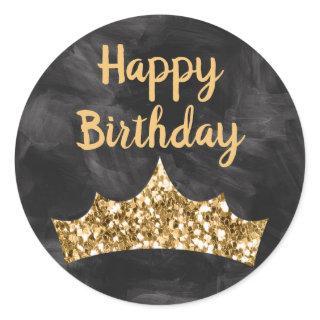 Dark Gray Black paintbrush and Gold Crown Birthday Classic Round Sticker