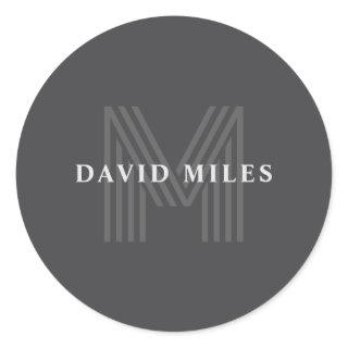 Dark Gray Retro Modern Monogrammed Name Classic Round Sticker