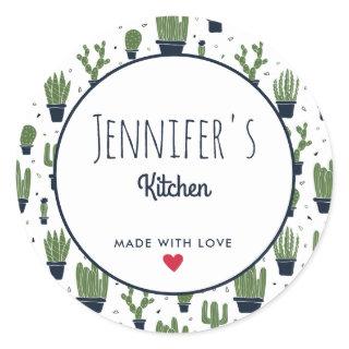 Dark Green Cactus Desert Pattern Kitchen Classic Round Sticker