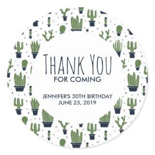 Dark Green Cactus Pattern Birthday Thank You Classic Round Sticker