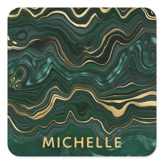 Dark Green Malachite and Gold Foil Strata Veining Square Sticker