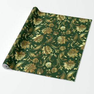 Dark Green & Shiny Gold Damask Pattern