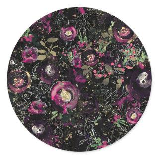 Dark Moody Berry Plum Sparkle Floral Modern Classic Round Sticker