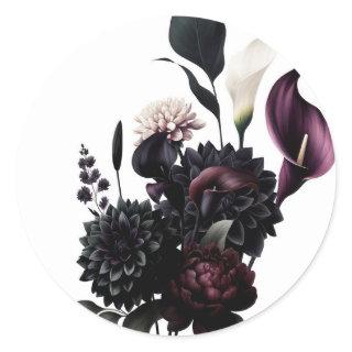 Dark Moody Romantic Floral White Wedding Classic Round Sticker