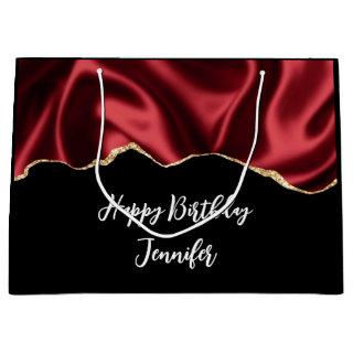 Dark Red Glam Wavy Satin Abstract Design Birthday Large Gift Bag