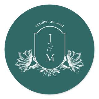 Dark Teal Floral Wedding Monogram Crest Clas Classic Round Sticker