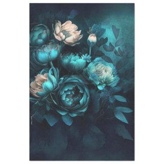 Dark teal pink peonies decoupage  tissue paper