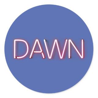 Dawn name in glowing neon lights classic round sticker