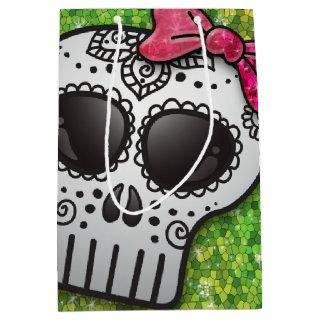 Day of the Dead Sugar Skull Peridot Green Glitter Medium Gift Bag