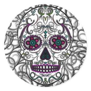 Day of the Dead Sugar Skull - Swirly Multi Color Classic Round Sticker
