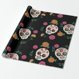 Day of the Dead Sugar Skulls and Flowers Black