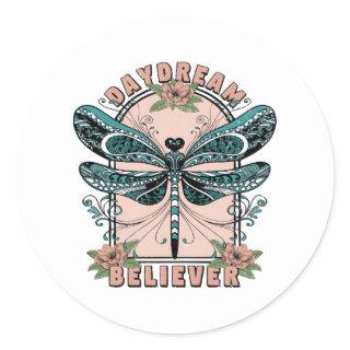 Daydream, Cute Dragonfly, Pretty Floral Design Classic Round Sticker