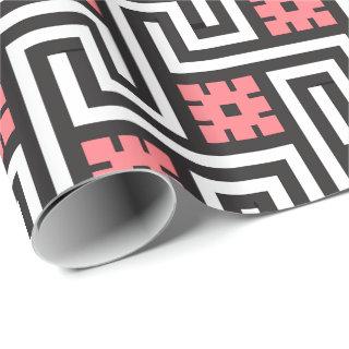 Deco Greek Key, Black, White and Coral Pink