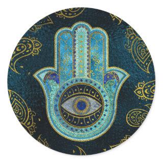 Decorative Hamsa Hand with paisley background Classic Round Sticker