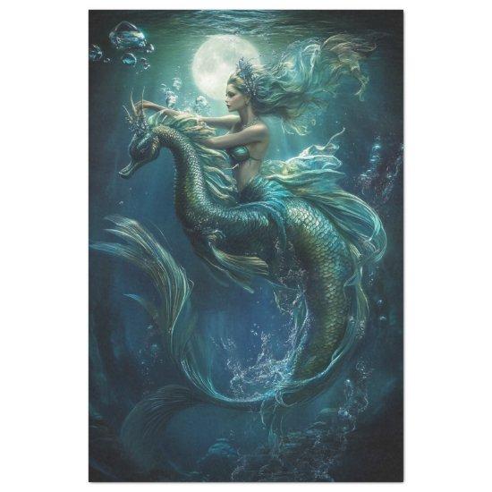 Decoupage Blue Mermaid on Sea Dragon Bubbles Tissue Paper