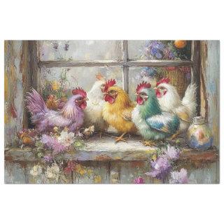 Decoupage Chickens Perched on Windowsill  Tissue Paper