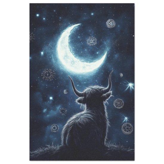 Decoupage Highland Calf Sitting Hill Starring Moon Tissue Paper
